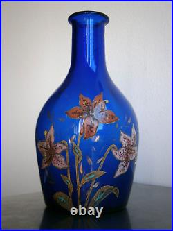 Carafe Art Nouveau Verre émaillé 1900 Bleu décor Floral Ancien St Legras