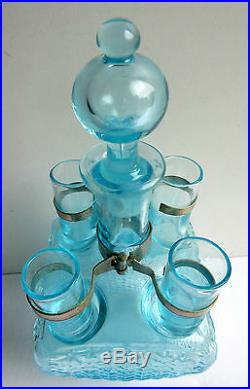 Carafe à liqueur + 4 verres bleus, service Legras Art Nouveau Cabaret Zanzibar