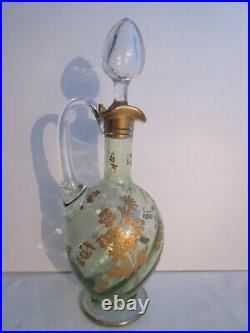 Carafe aiguière Art Nouveau, verre vert émaillé à l'or fin, LEGRAS Fleurs