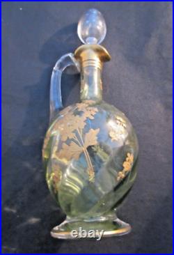 Carafe aiguière Art Nouveau, verre vert émaillé à l'or fin, LEGRAS Fleurs Carafe aiguière Art Nouveau, verre vert émaillé à l'or fin, LEGRAS Fleurs