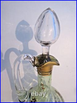 Carafe aiguière Art Nouveau, verre vert émaillé à l'or fin, LEGRAS Fleurs