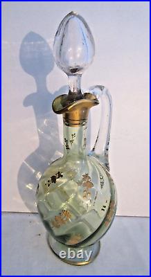 Carafe aiguière Art Nouveau, verre vert émaillé à l'or fin, LEGRAS Fleurs