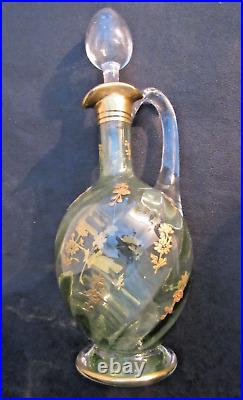 Carafe aiguière Art Nouveau, verre vert émaillé à l'or fin, LEGRAS Fleurs