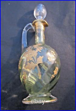 Carafe aiguière Art Nouveau, verre vert émaillé à l'or fin, LEGRAS Fleurs