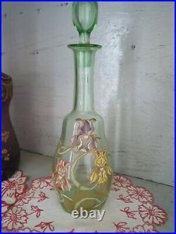 Carafe verre émaillé Legras décor d'iris art nouveau art déco avec son bouchon