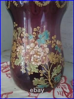 Carafe verre émaillé Legras décor de fleurs art nouveau art déco