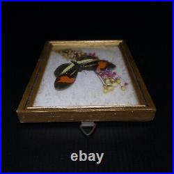 Composition miniature art nouveau fleurs papillon cadre doré vitre verre N6165