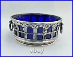 Coupe GALLIA CHRISTOFLE Art Nouveau Métal Argenté verre Bleu anses Anneaux