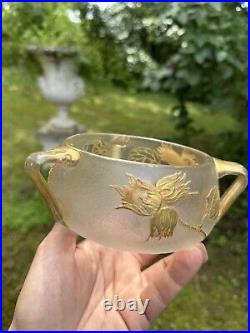 Coupe à 3 anses en verre décor dégagé en camée à l'acide et Emaillé Art Nouveau