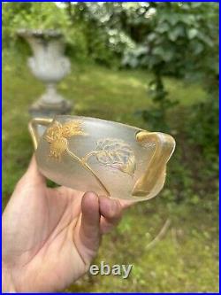 Coupe à 3 anses en verre décor dégagé en camée à l'acide et Emaillé Art Nouveau