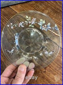 Coupelle & Soucoupe Verre Bleu Emaillé Papillon & Fleurs Art Nouveau