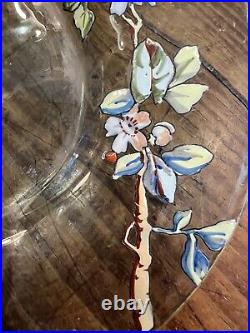 Coupelle & Soucoupe Verre Bleu Emaillé Papillon & Fleurs Art Nouveau