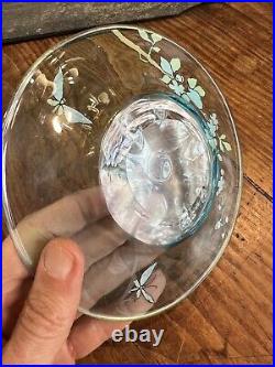 Coupelle & Soucoupe Verre Bleu Emaillé Papillon & Fleurs Art Nouveau