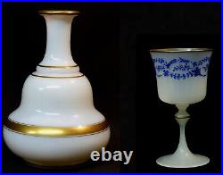 D art nouveau 1900 superbe flacon et verre à pied opaline opalin blanc or 725g