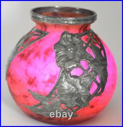 Daum-Croismare-Signé-Vase boule Art Nouveau-Verre marmoréen et étain-circa 1920