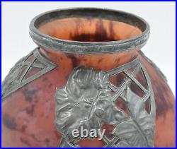 Daum-Croismare-Signé-Vase boule Art Nouveau-Verre marmoréen et étain-circa 1920