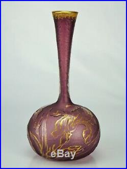 Daum Nancy Beau Vase décor Iris Verre Gravé Coloré Rehaussé d'Or Art Nouveau