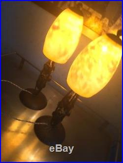 Daum Nancy Et M. B Lyon Paire De Lampe Art Nouveau Pate De Verre Fer Forge