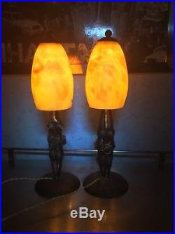 Daum Nancy Et M. B Lyon Paire De Lampe Art Nouveau Pate De Verre Fer Forge
