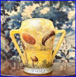 Daum Nancy Rare Vase à Décor De Champignons En Verre émaillé, Art Nouveau