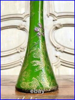 Emile Gallé Cristallerie, Rare Vase Diabolo En Verre Émaillé, Art Nouveau