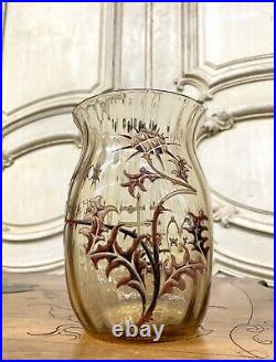 Emile Gallé Vase Aux Chardons En Verre Strillé Et Émaillé, Art Nouveau