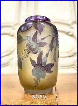 Émile Gallé Vase Aux Fuchsias En Verre Multicouche, Pate De Verre Art Nouveau
