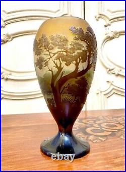 Emile Gallé Vase Conique Au Paysage Lacustre, Pate De Verre Art Nouveau