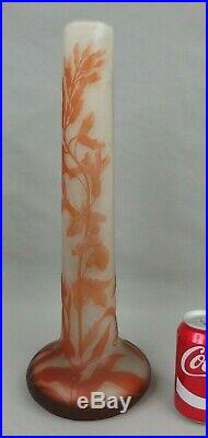 Emile Gallé grand vase soliflore verre dégagé à l'acide art nouveau fleurs glass