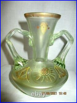 Fritz Heckert, ancien vase Art Nouveau signé en verre irisé decor doré vers 1900