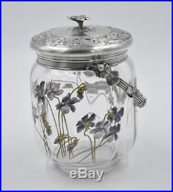 GALLIA / Christofle Pot à biscuit en verre émaillé décor de fleurs ART NOUVEAU