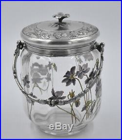 GALLIA / Christofle Pot à biscuit en verre émaillé décor de fleurs ART NOUVEAU