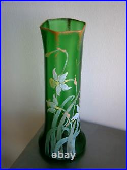 Grand Vase Art Nouveau Verre émaillé décor 1900 Floral Iris Ancien