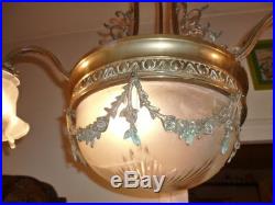 Grand lustre style Art-Nouveau 3 branches laiton verre Chandelier Ceiling Light