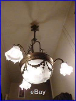 Grand lustre style Art-Nouveau 3 branches laiton verre Chandelier Ceiling Light