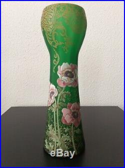 Grand vase verre soufflé coloré vert émaillé à décor floral Legras Art Nouveau
