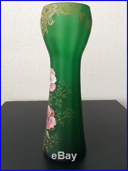 Grand vase verre soufflé coloré vert émaillé à décor floral Legras Art Nouveau
