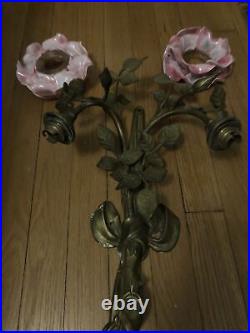 Grande Applique 1900 ART NOUVEAU Bronze tulipe Pâte de verre Rose Fleurs Design