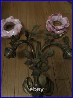 Grande Applique 1900 ART NOUVEAU Bronze tulipe Pâte de verre Rose Fleurs Design