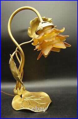Grande Lampe Style Art Nouveau Bronze & Verre Ambre