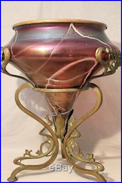 Grande coupe en verre irisé de Loetz ou Kralik monture bronze époque art nouveau