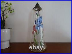 Grande cruche émaillée fleurs ART NOUVEAU verre soufflé couvercle étain 38 cm