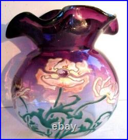Gros Vase bourse Art Nouveau verre violet émaillé LEGRAS Pavots