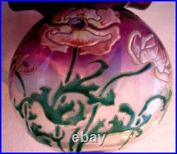 Gros Vase bourse Art Nouveau verre violet émaillé LEGRAS Pavots