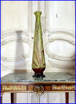 Important Vase Gallé Aux Fougères, Hauteur 62 Cm, Pate De Verre Art Nouveau