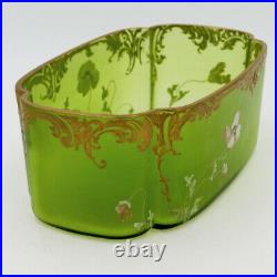 Jardinière Art Nouveau, verre vert émaillée au décor de coquelicots 1900 ancien