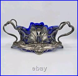 Jardinière verre soufflé bleu métal argenté de WMF décor papillons Art Nouveau