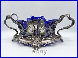 Jardinière verre soufflé bleu métal argenté de WMF décor papillons Art Nouveau