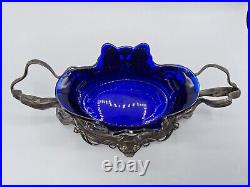 Jardinière verre soufflé bleu métal argenté de WMF décor papillons Art Nouveau