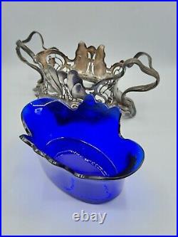 Jardinière verre soufflé bleu métal argenté de WMF décor papillons Art Nouveau